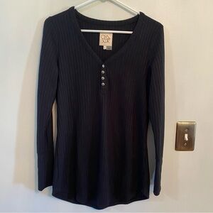 Chaser Henley black Waffle Knit Thermal Long Sleeve Top Button size medium